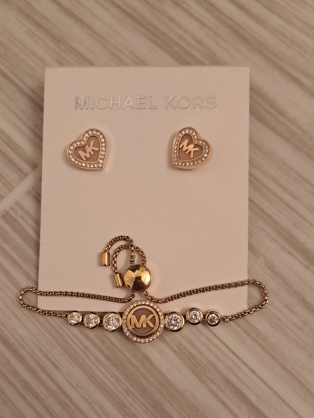 Michael Kors Rose Gold Heart Logo Stud Earrings & Crystal Logo Bracelet